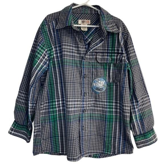 Route 66 Plaid Button Down Shirt navy green white checked boys Size Medium 8 - Picture 3 of 7